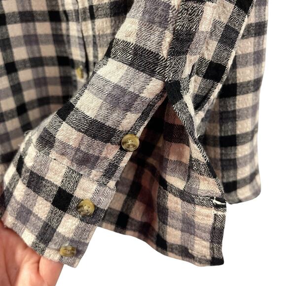 Pistola Flannel Shirt XL Plaid Check Black Ivory Tab Sleeve Button Back Pullover - Picture 11 of 11